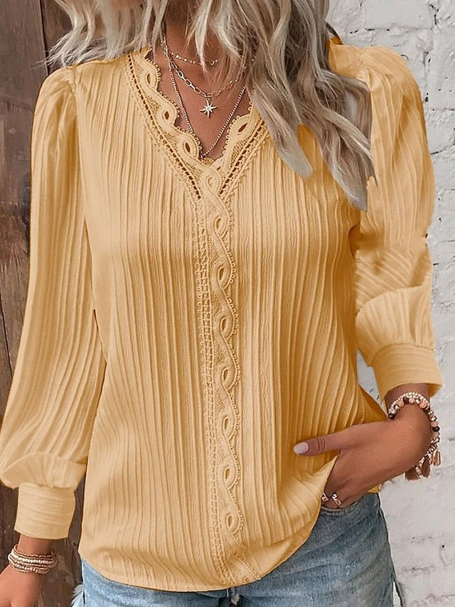 Women's Lace Shirt Blouse Lace Patchwork Solid Color