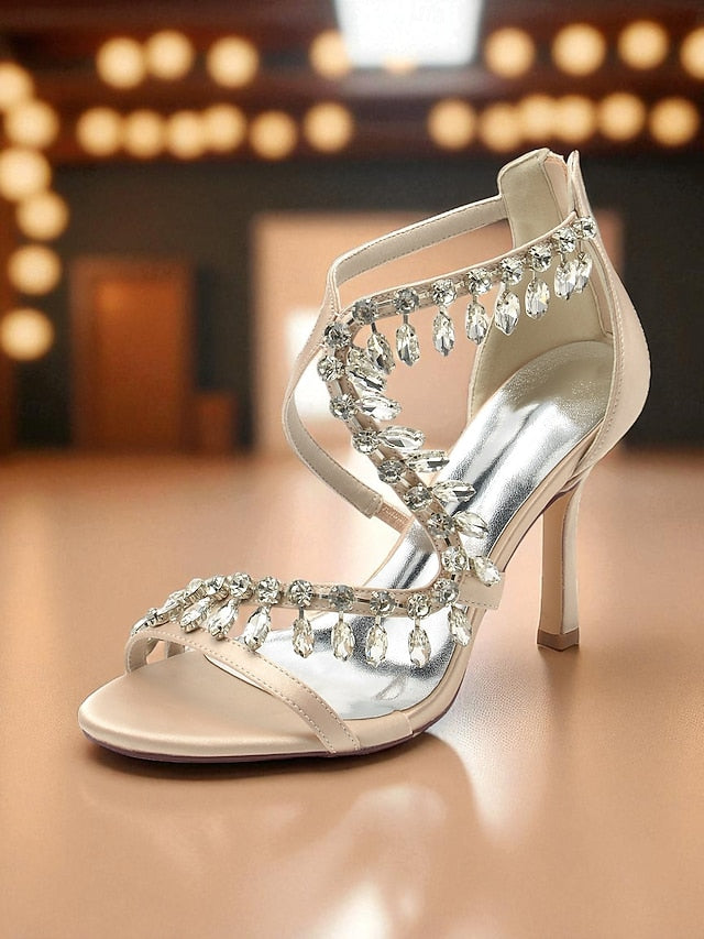 with Strappy Heel High Sandals Rhinestone Women's White
