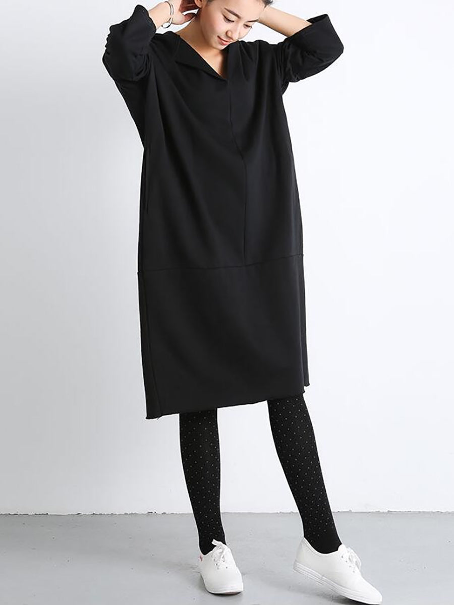 Plus Size Women Casual Pure Color Loose Pocket Hooded Dress AT1074