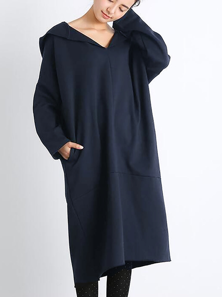 Plus Size Women Casual Pure Color Loose Pocket Hooded Dress AT1074