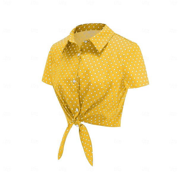 1950s Retro Vintage Crop Top Shirt Short Sleeves Polka Dot Fancy