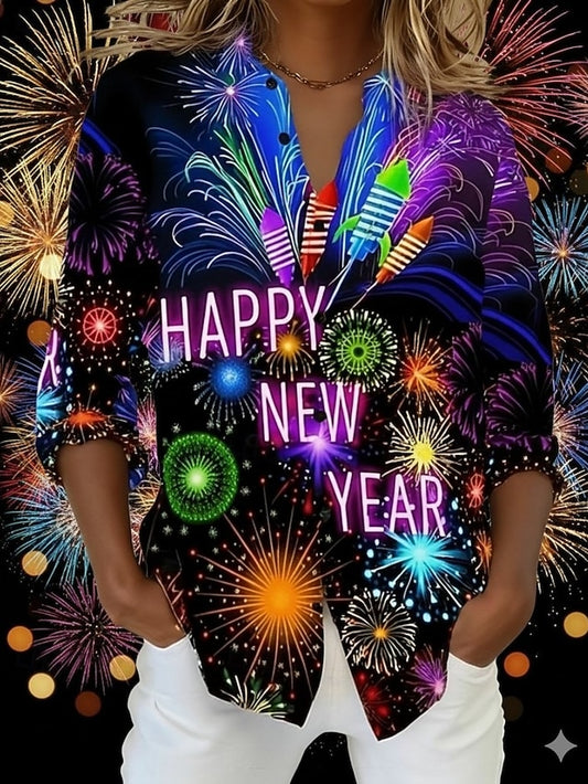 New Year Women's Shirt Blouse Patchwork Buttons Print