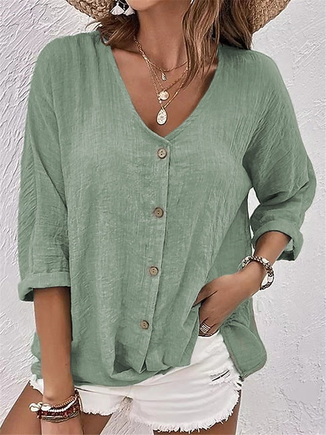 Women's Shirt Blouse Ruched Buttons Plain Elegant Vacation