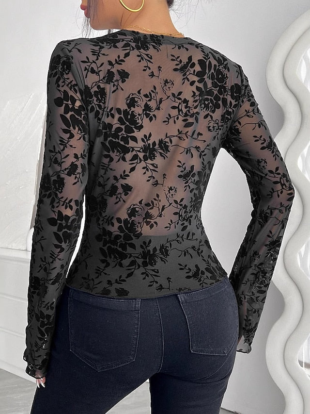 Women's Dressy Tops Lace Sexy Long Sleeve V Neck Regular