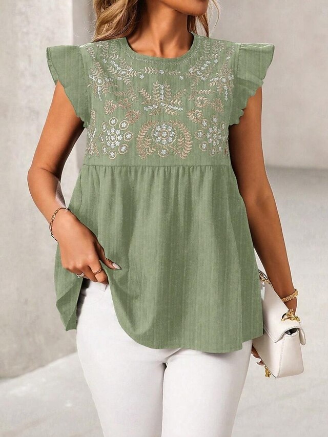 Women's T Shirt Tee Top Embroidered Floral Bohemia Vintage