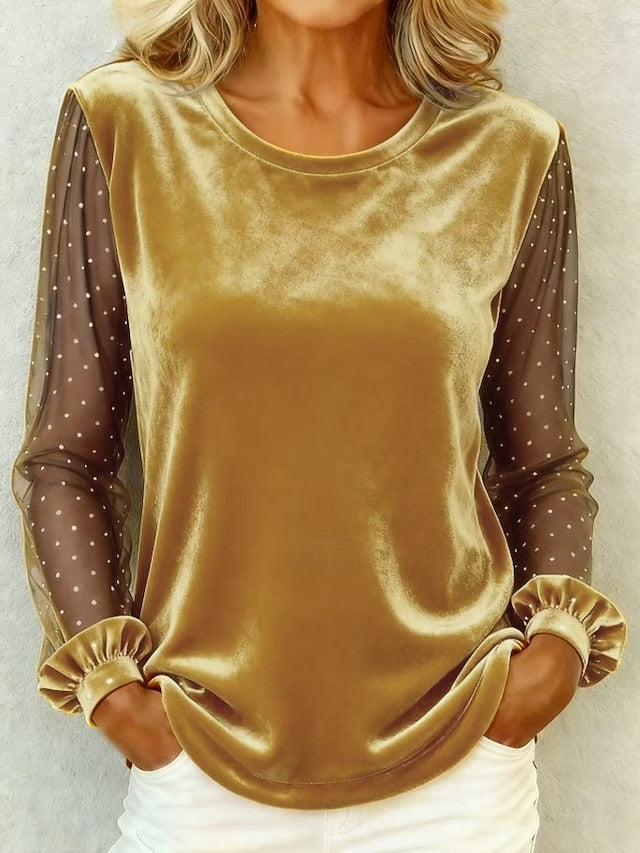 Women's Velvet Stylish Basic Long Sleeve Regular Tops Blue