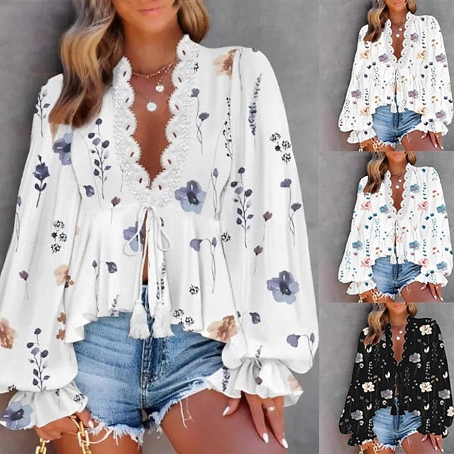 Women's Blouse Lace up Lace Floral Stylish Casual Long