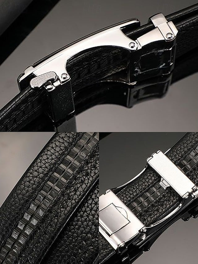 Adjustable Leather Belt Black Metal Men's with Elegant