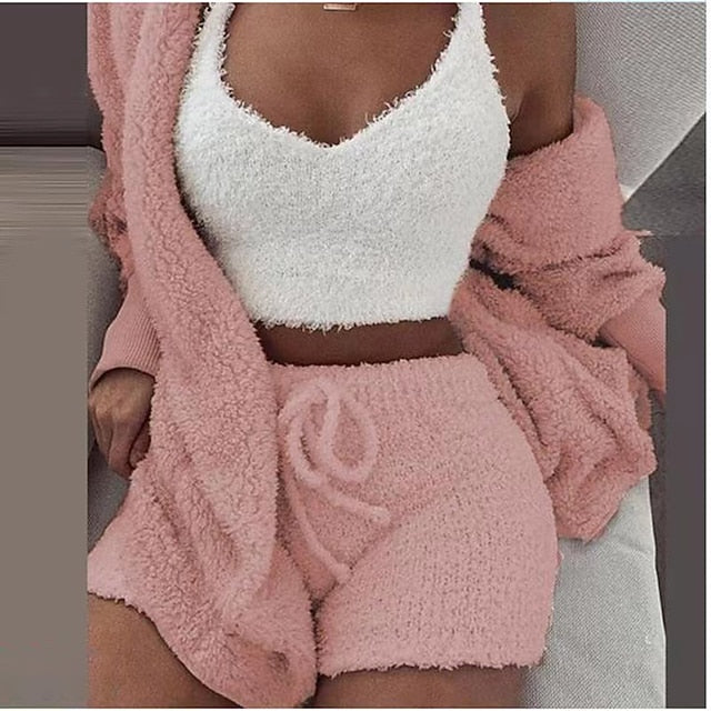 Warm Fuzzy Pajama Set 3PCS Long Sleeve Hooded Robe & Tank
