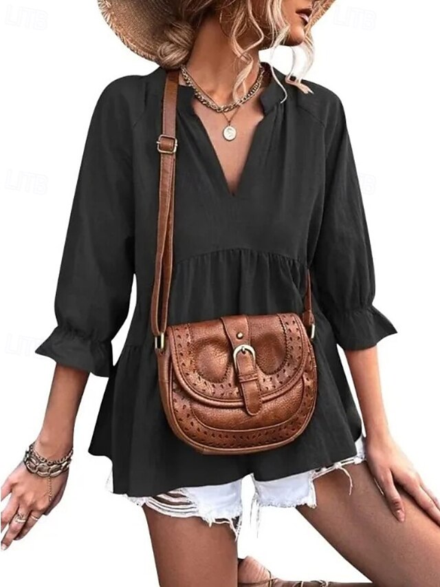Women's Shirt Blouse Ruched Plain Casual Long Sleeve V Neck