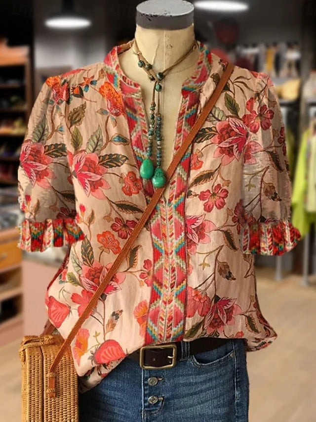 Women's Blouse Ruched Buttons Floral Stylish Casual Short