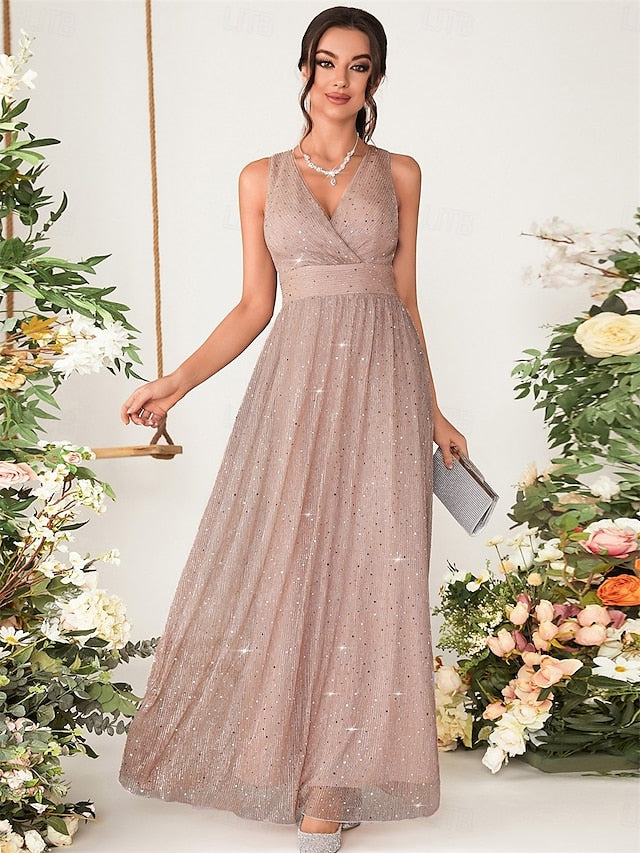 A-Line Bridesmaid Dress V Neck Sleeveless Elegant Floor Length