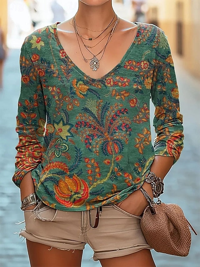 Women's Blouse Print Floral Bohemia Daily Long Sleeve V