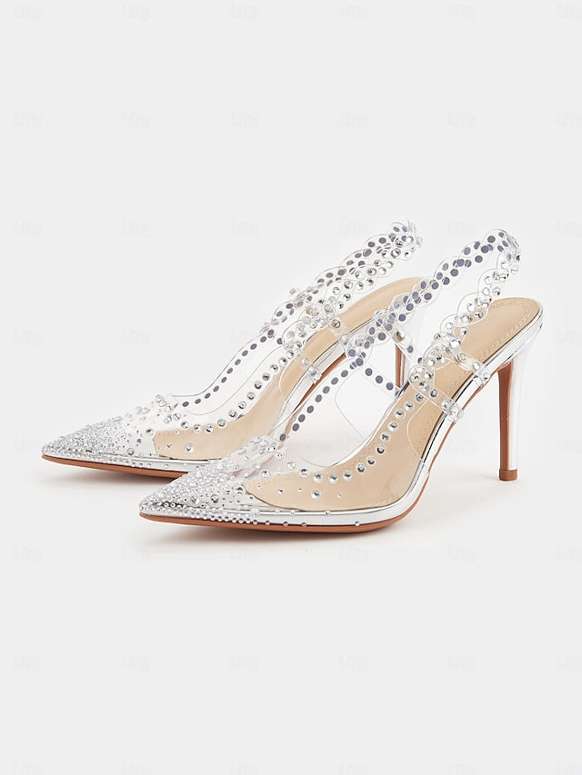Rhinestone Clear Slingback Pointed Heels Toe with Women's