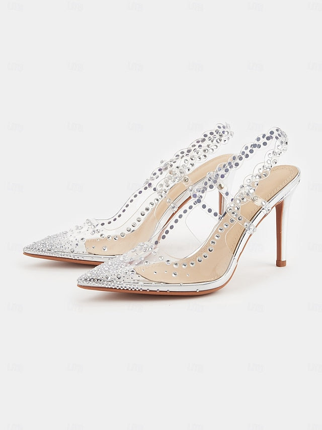 Rhinestone Pointed Heels Toe with Slingback Women's Clear