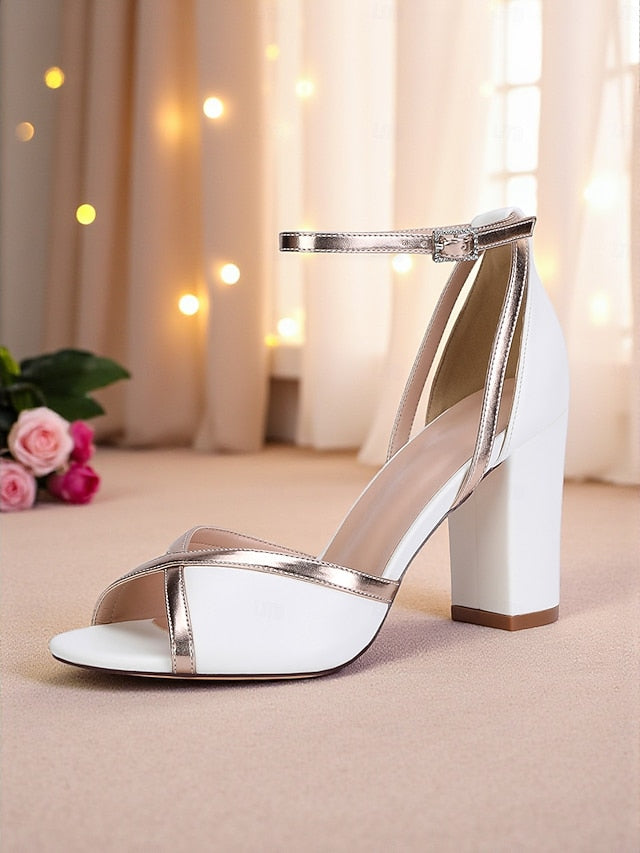 Strap with Metallic White Block Women's Heel Ankle Sandals
