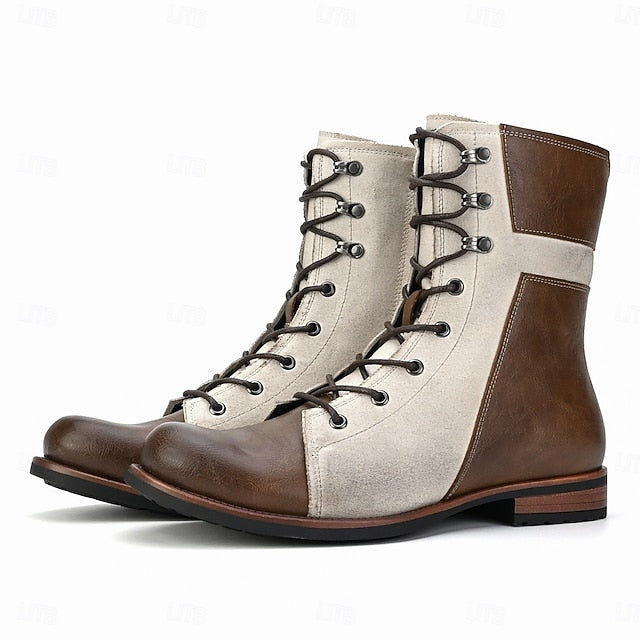 Faux Boots Leather Men's Lace-Up Two-Tone Vintage Mid-Calf