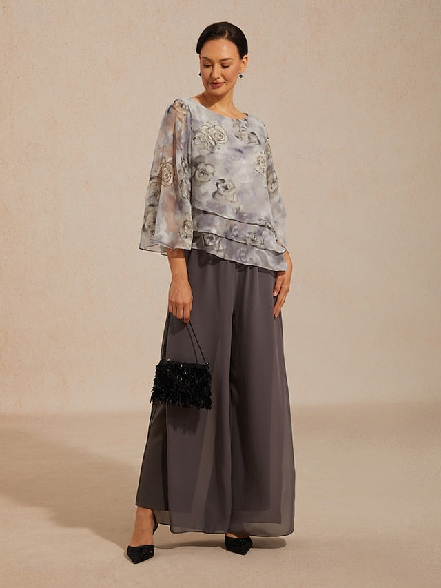 Women's Chiffon Tops Lace up Floral Elegant 3/4 Length