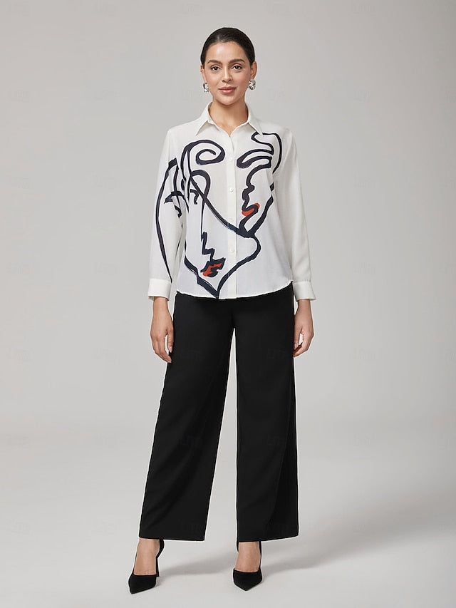 White Artistic Print Long-Sleeve Shirt