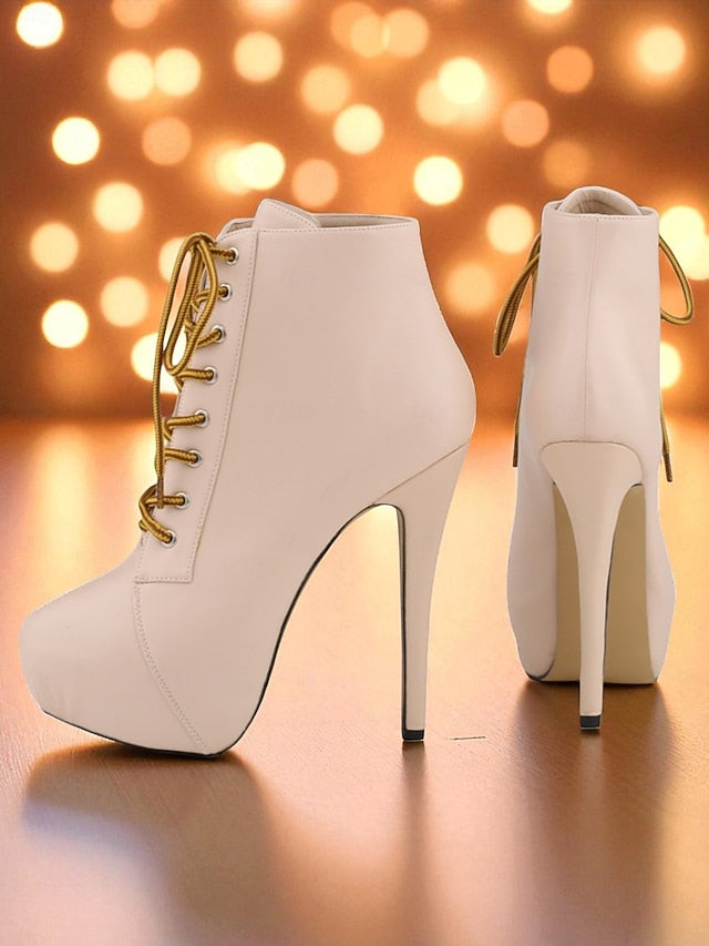 - Ankle Lace-Up Boots Leather Women's Beige Faux Platform