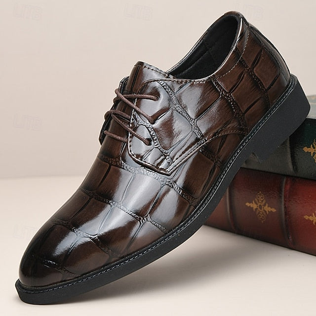 Crocodile-Pattern Brown Leather Shoes Men's