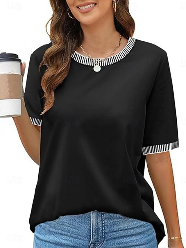 Women's T Shirt Tee Top Patchwork Striped Fashion Stylish
