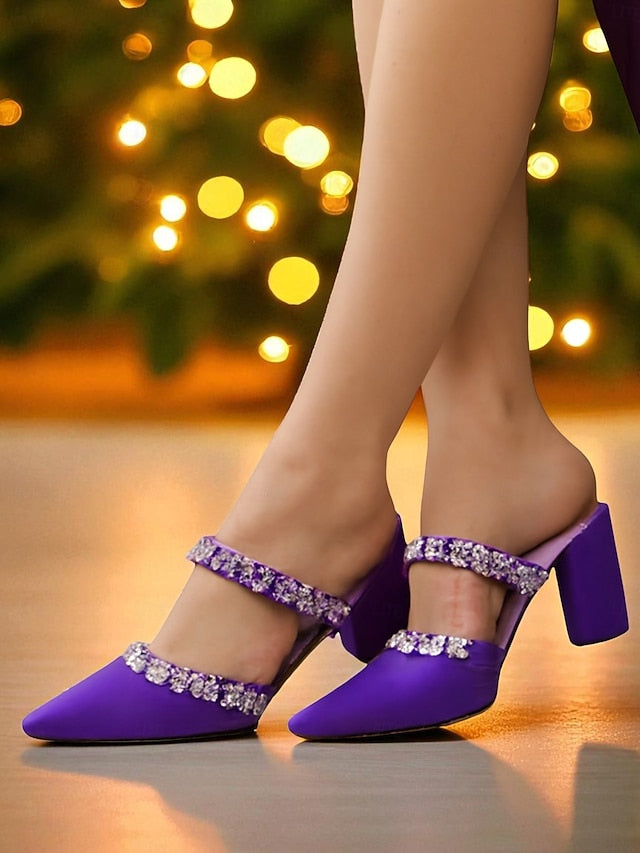 Block Heel Floral with Women's Black Mules Satin Rhinestone