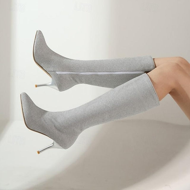 – Women's Elegant Stiletto Sparkly Knee-High Boots