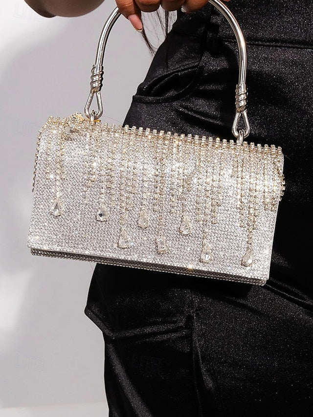 Chain Women's Crystal Evening Silver Handbag with Elegant