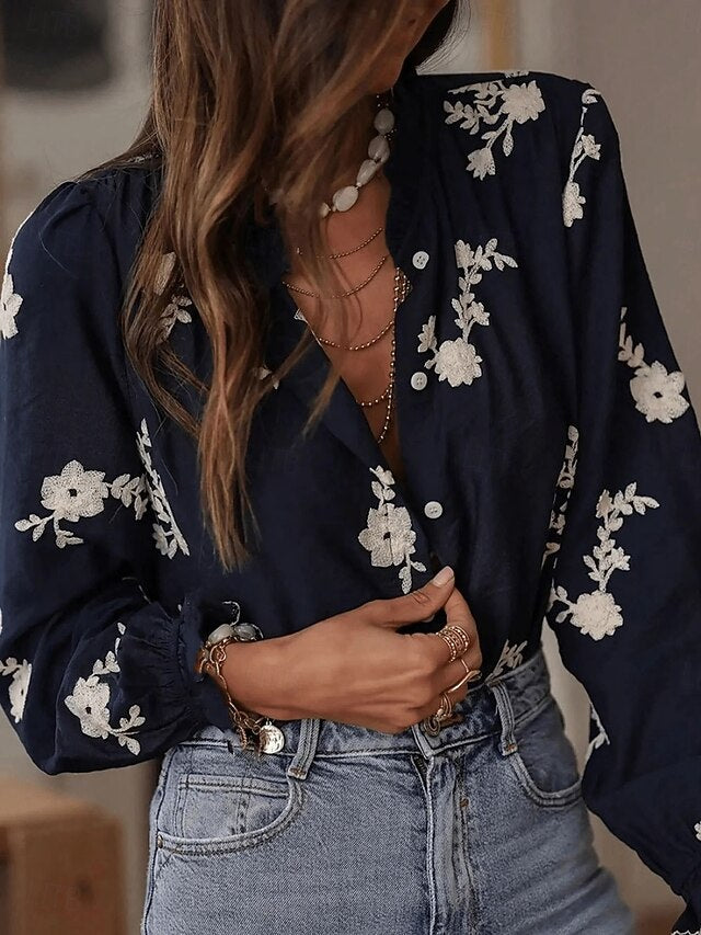 Women's Blouse Embroidered Buttons Floral Stylish Casual
