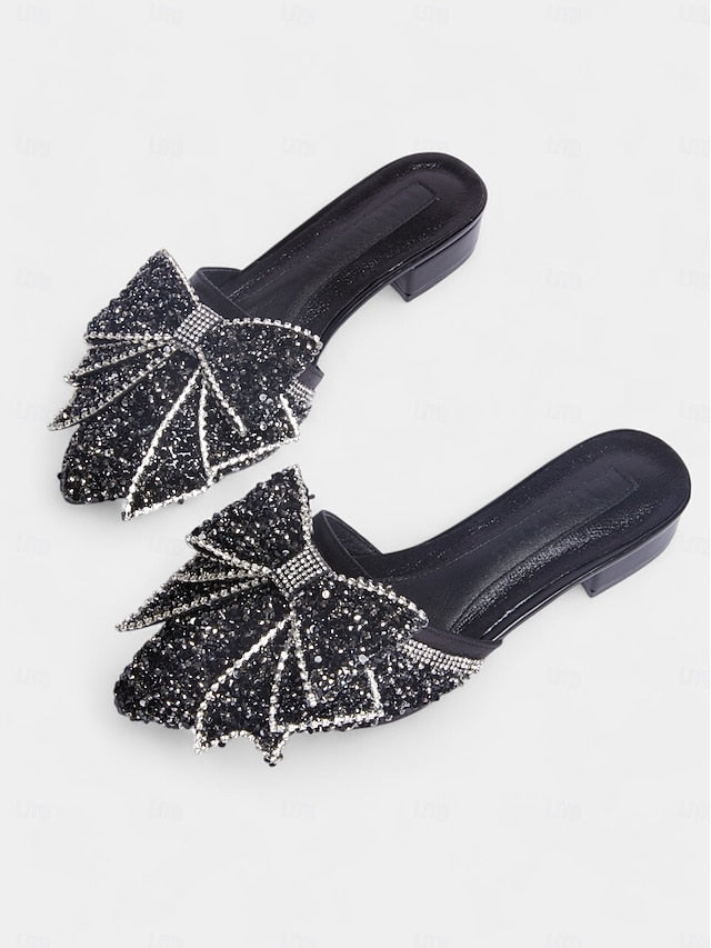 Parties Black Flat Rhinestone-Bow Mules for and Perfect –