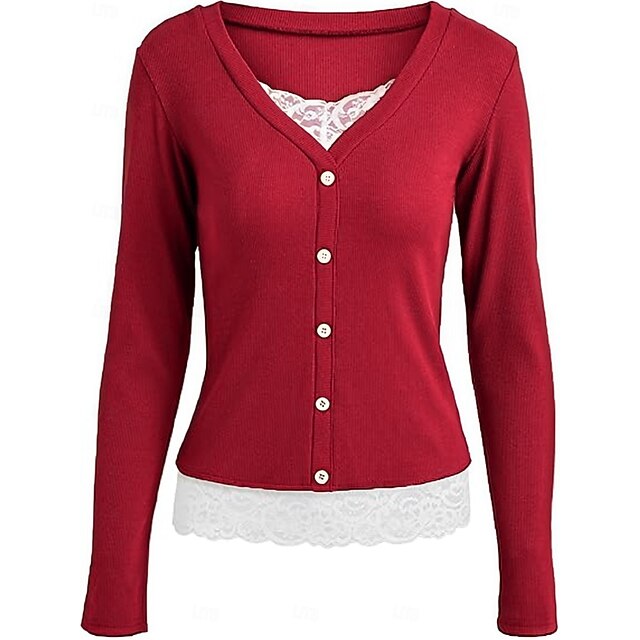 Women's Blouse Lace Patchwork Buttons Solid Color Elegant