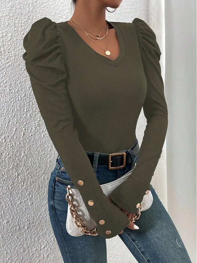 Women's Ribbed Knit Tops Patchwork Buttons Solid Color