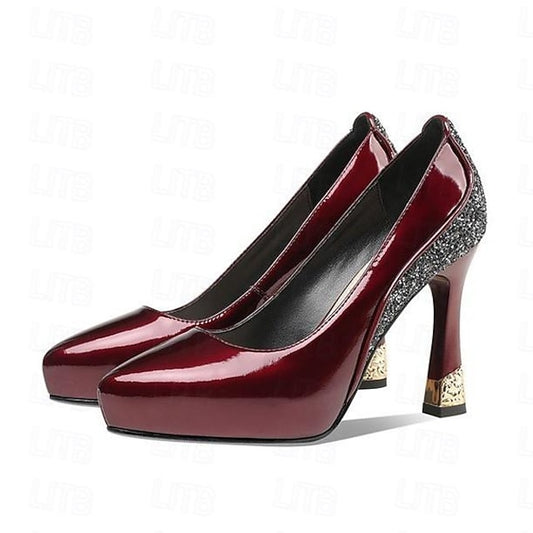 Heels Burgundy Leather Women's Platform with Glitter Patent