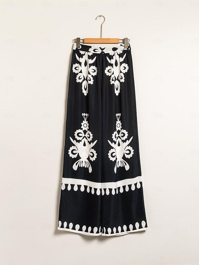 Women's Pants Black Floral Print Straight Leg Satin