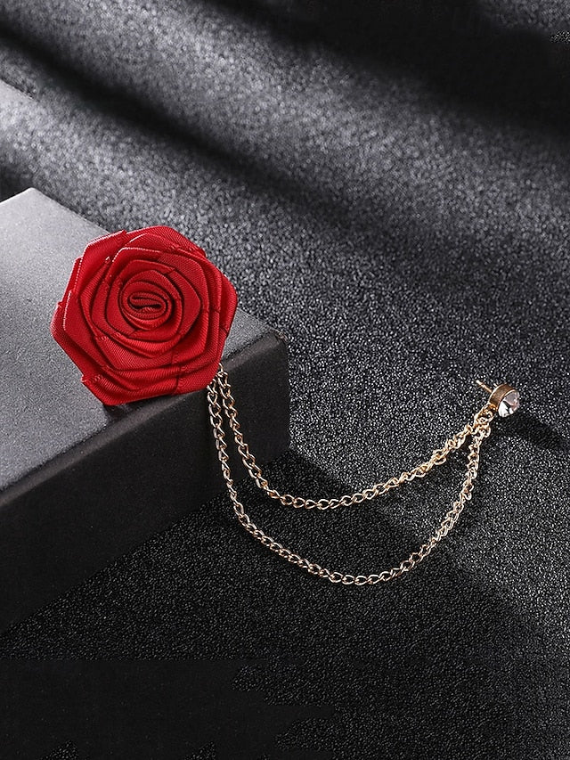 Men's Lapel Pin Rose with Chain Gold Elegant – Red