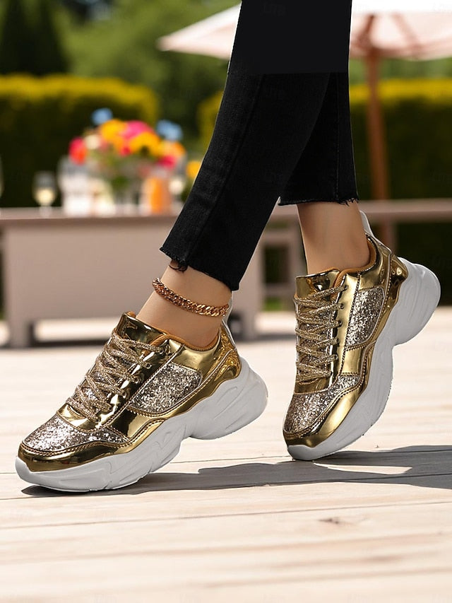 with Chunky Platform Metallic Sneakers Women's Glitter