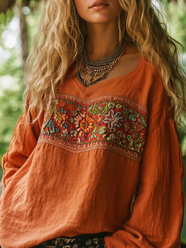 Women's Western Blouse Boho Shirt Blouse Faux Cotton Linen
