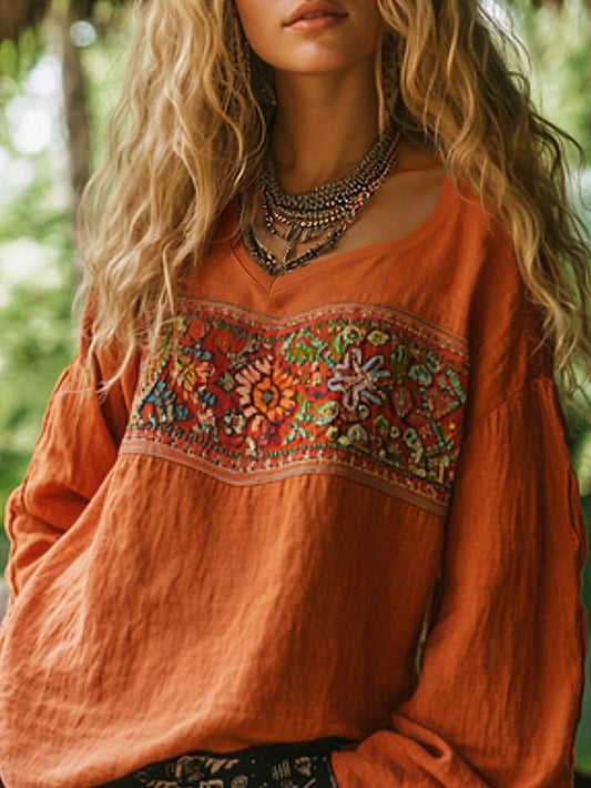 Women's Western Blouse Boho Shirt Blouse Faux Cotton Linen