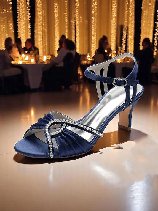 Women's – Rhinestone Heeled Navy Satin Sandals Blue