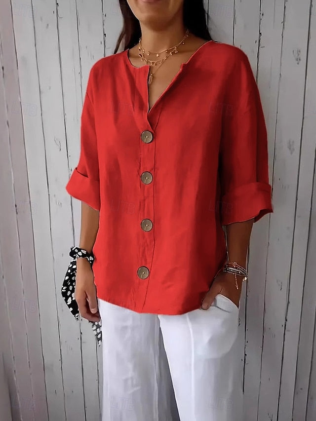 Women's 100% Cotton Shirts Button Up Blouse Buttons Solid