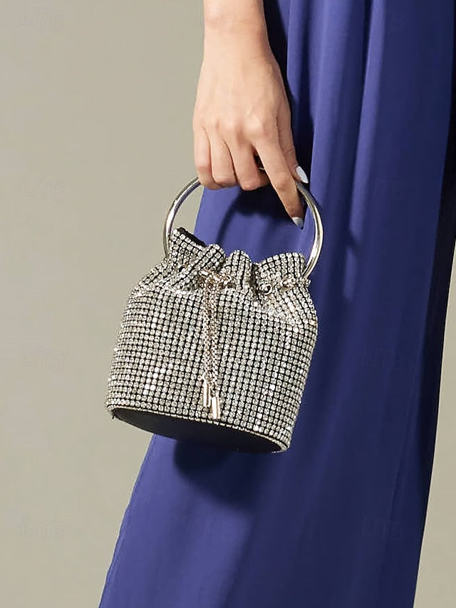 Sparkling Rhinestone Bag with Silver Bucket Women's Metal