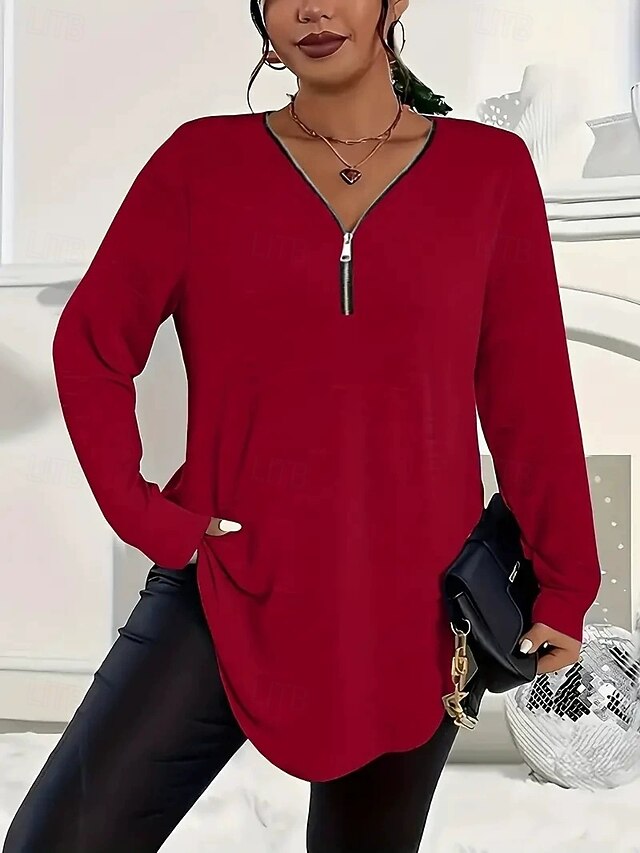 Women's T Shirt Zipper Solid Color Fashion Casual Long