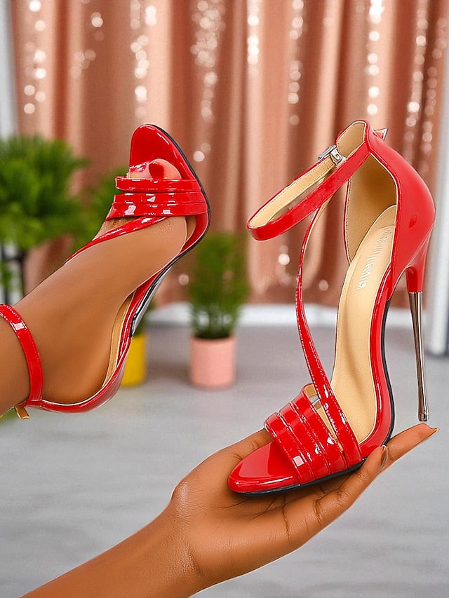 Red Stiletto Strappy High Sandals Heels Patent PU - Women's
