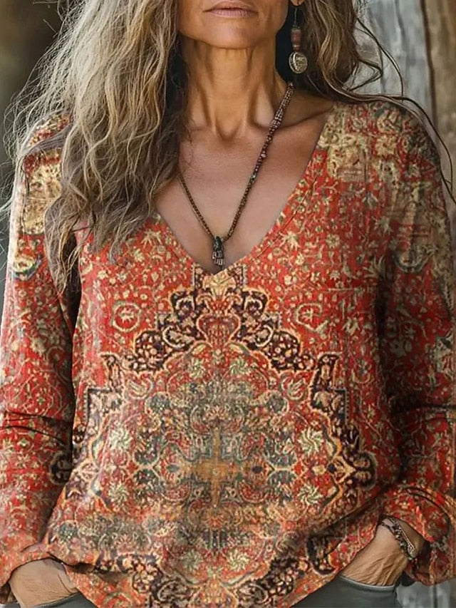 Women's Boho Shirt Blouse Ruched Floral Graphic Elegant