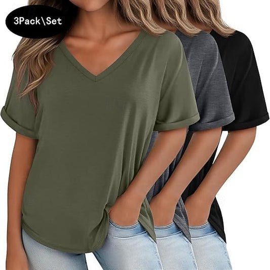 Multi Packs 3 Pairs Female V Neck Short Sleeve Black+White+Light