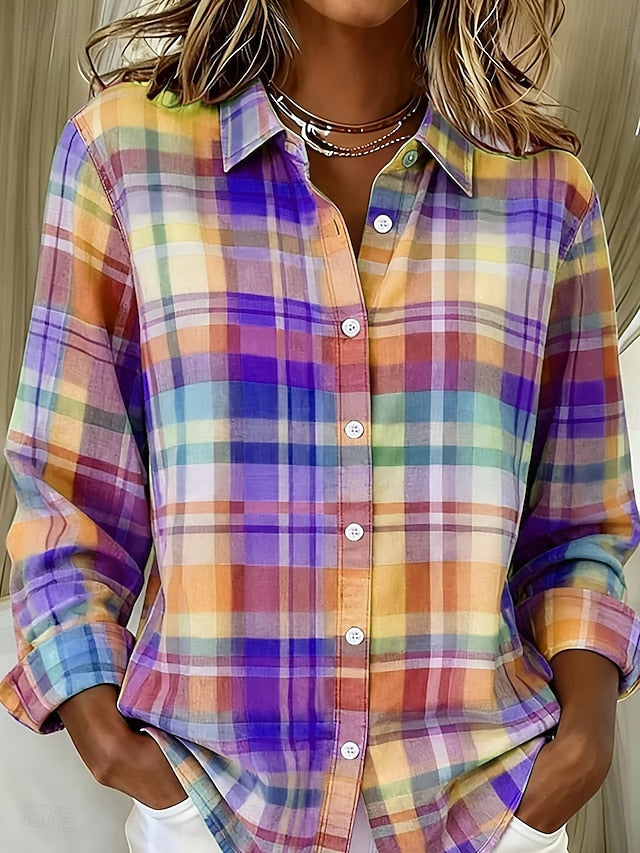 Women's Shirt Buttons Print Graphic Plaid Vintage Stylish