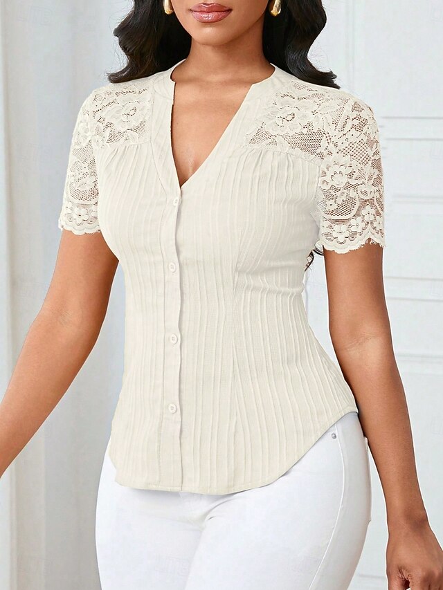 Women's T Shirt Tee Top Lace Patchwork Plain Elegant