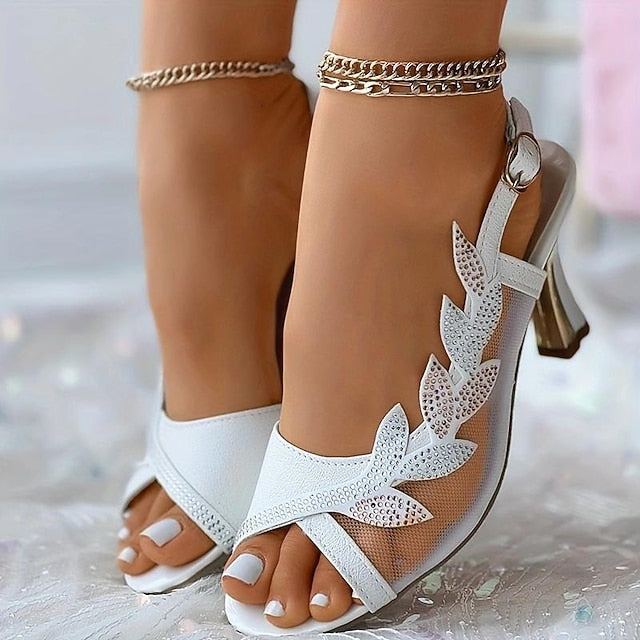 Rhinestone Heeled Elegant – Women's Sandals White Mesh