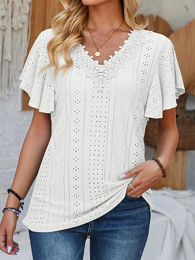 Women's Pointelle Shirt Eyelet Top Lace Shirt Lace Short